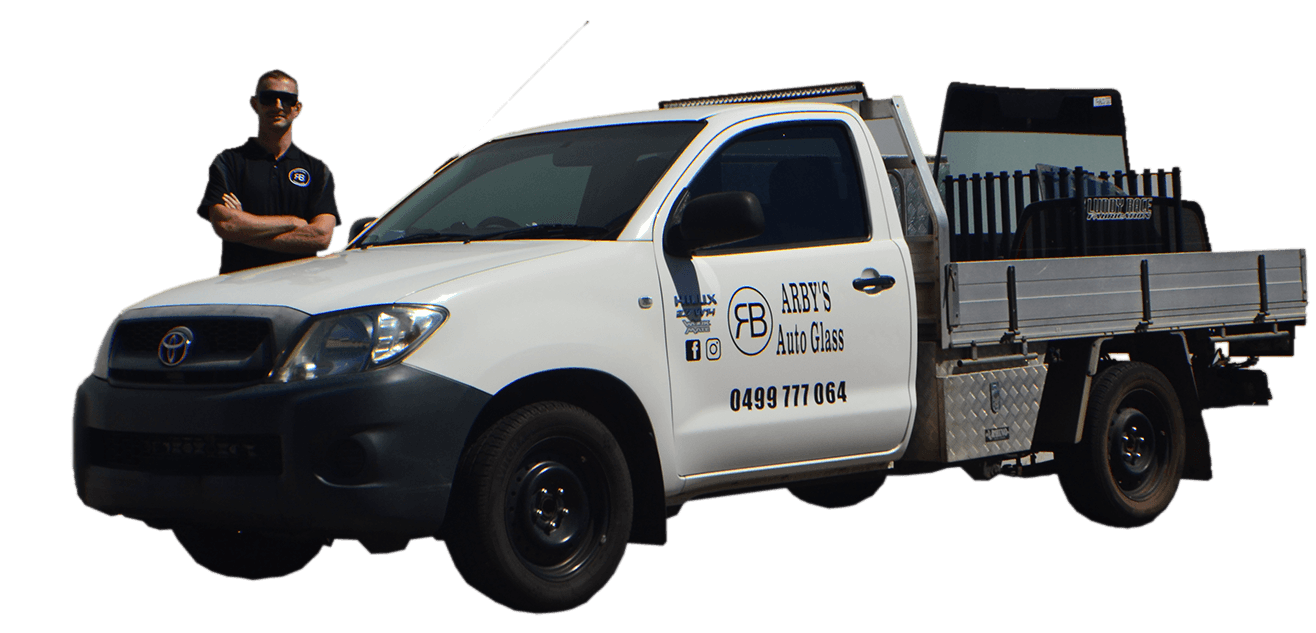 Arby's Auto Glass ute with Arby standing beside it